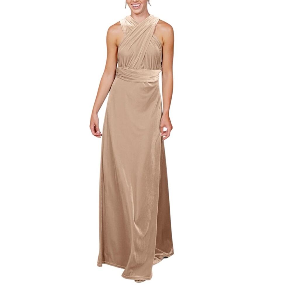 Revelry Micah Convertible Velvet Bridesmaid Maxi Dress Gown XL in Gold Champagne